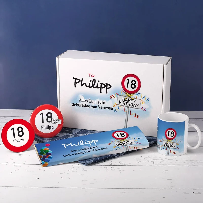 Geschenkbox zum 18. Geburtstag mit Verkehrszeichenmotiv