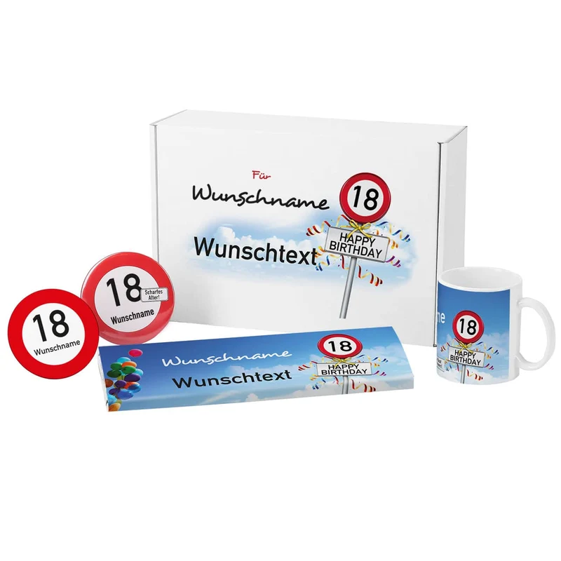 Geschenkbox zum 18. Geburtstag mit Verkehrszeichenmotiv