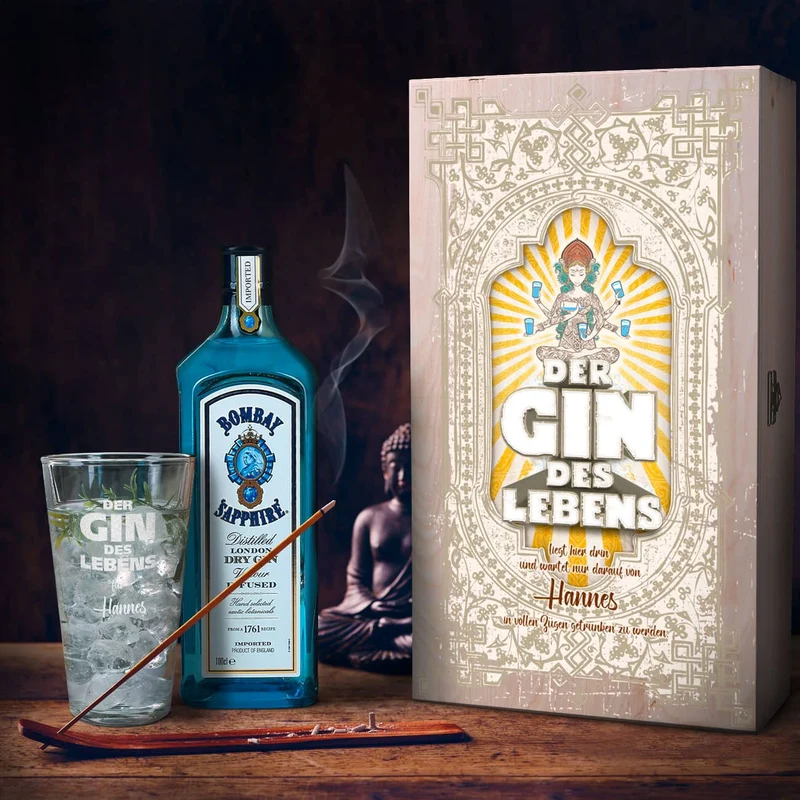 Der Gin des Lebens im Geschenk-Set mit Glas - Holzkiste - Bombay Gin