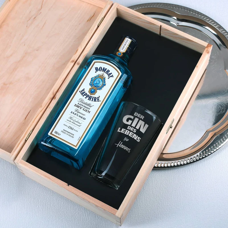 Der Gin des Lebens im Geschenk-Set mit Glas - Holzkiste - Bombay Gin