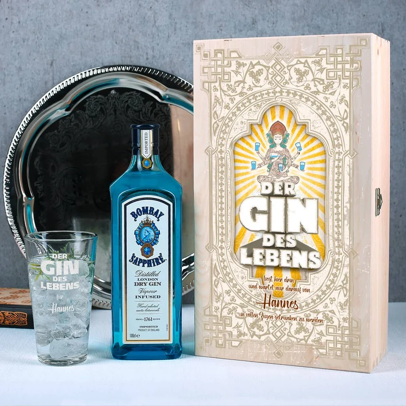 Der Gin des Lebens im Geschenk-Set mit Glas - Holzkiste - Bombay Gin