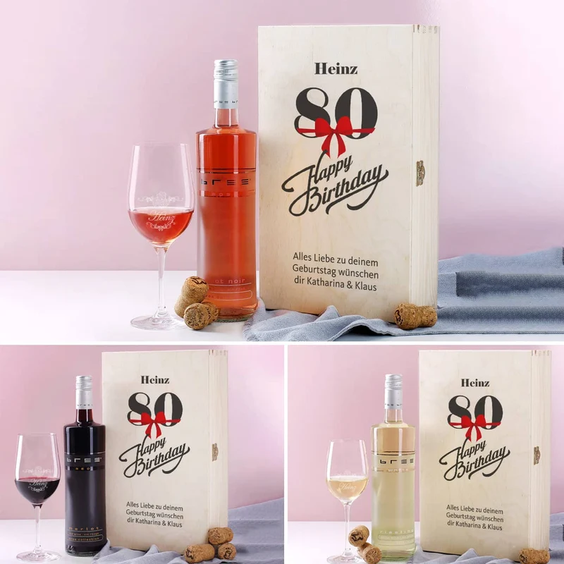 Weingeschenkset zum 80. Geburtstag mit graviertem Weinglas und Flasche in bedruckter Holzbox