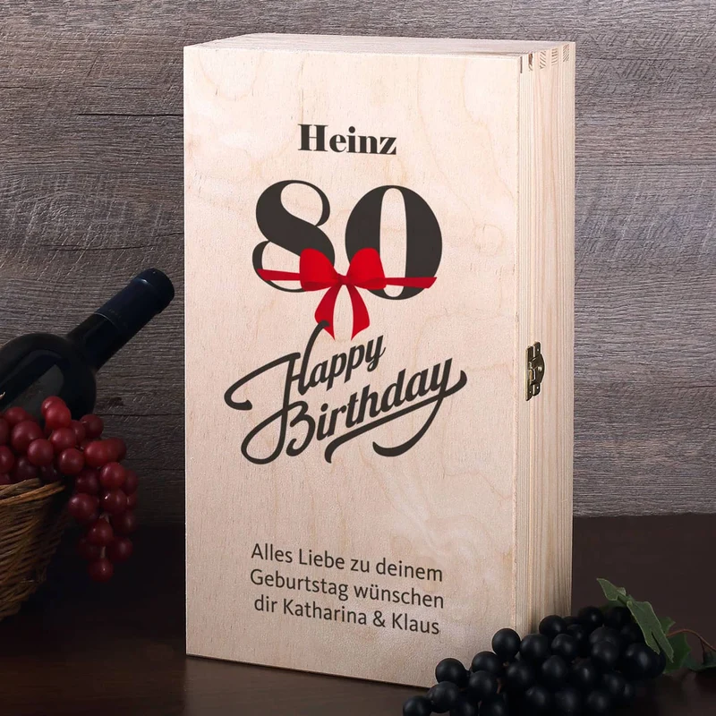 Weingeschenkset zum 80. Geburtstag mit graviertem Weinglas und Flasche in bedruckter Holzbox