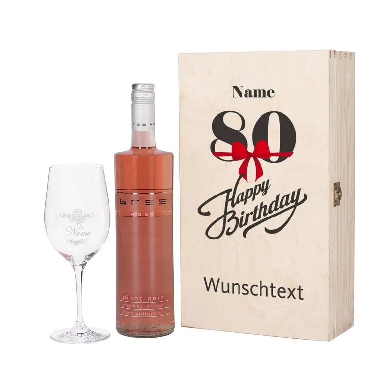 Weingeschenkset zum 80. Geburtstag mit graviertem Weinglas und Flasche in bedruckter Holzbox