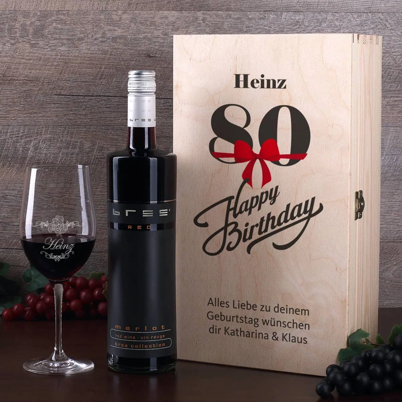 Weingeschenkset zum 80. Geburtstag mit graviertem Weinglas und Flasche in bedruckter Holzbox