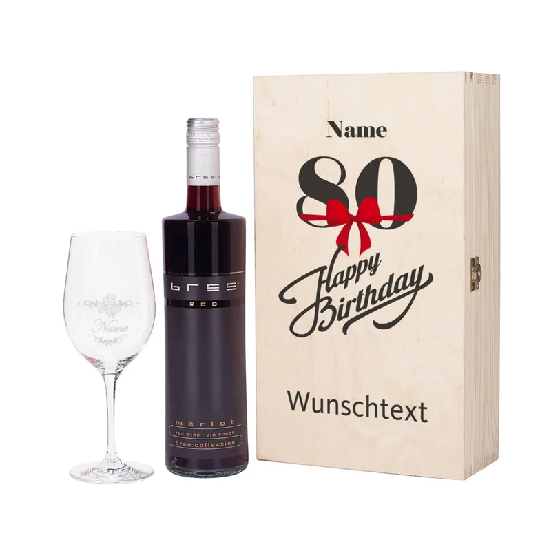 Weingeschenkset zum 80. Geburtstag mit graviertem Weinglas und Flasche in bedruckter Holzbox