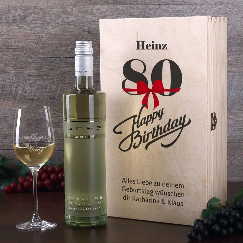 Weingeschenkset zum 80. Geburtstag mit graviertem Weinglas und Flasche in bedruckter Holzbox