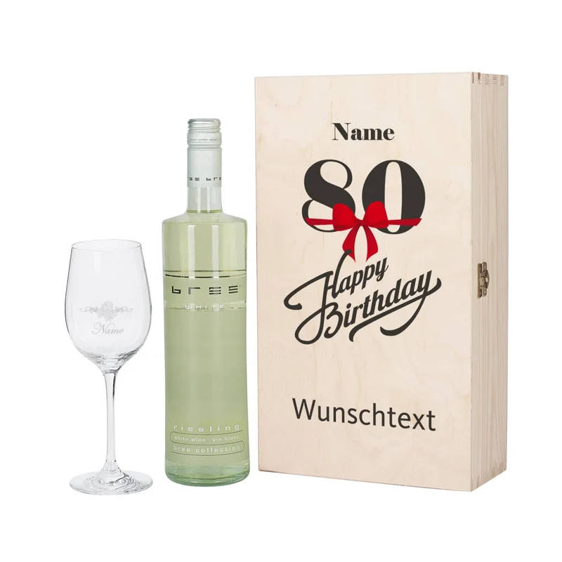 Weingeschenkset zum 80. Geburtstag mit graviertem Weinglas und Flasche in bedruckter Holzbox