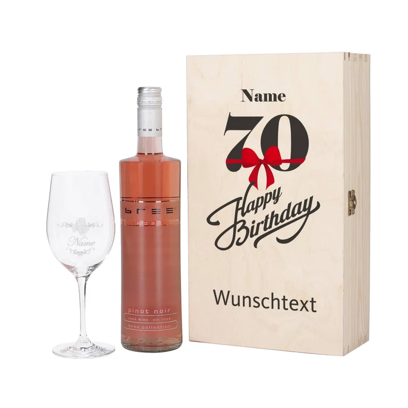 Persönliches Wein-Set zum 70. Geburtstag mit graviertem Glas und Flasche