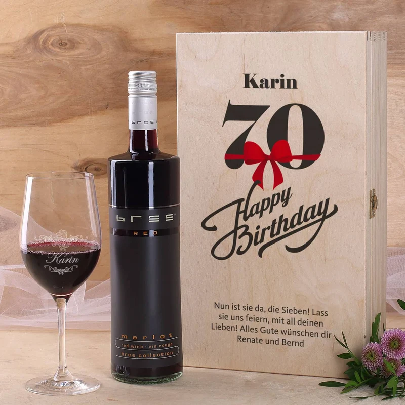 Persönliches Wein-Set zum 70. Geburtstag mit graviertem Glas und Flasche