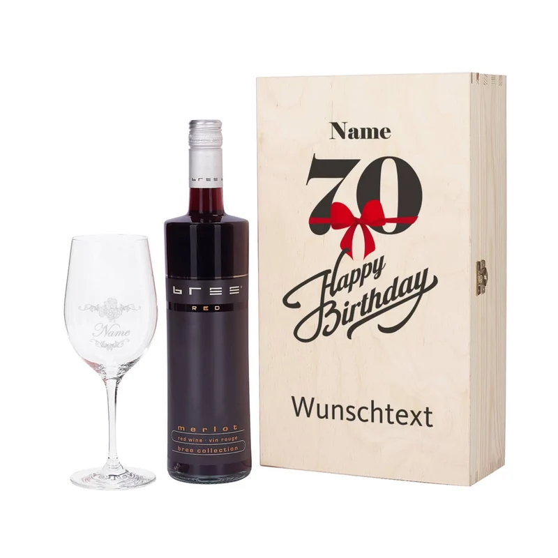 Persönliches Wein-Set zum 70. Geburtstag mit graviertem Glas und Flasche