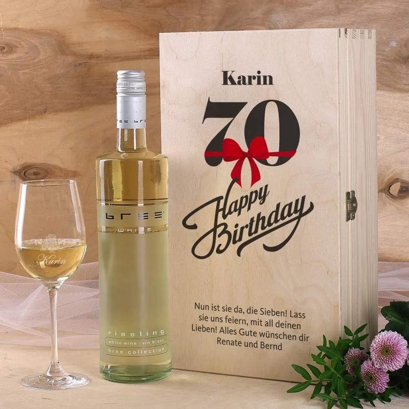 Persönliches Wein-Set zum 70. Geburtstag mit graviertem Glas und Flasche