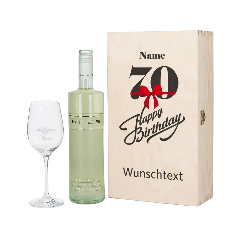 Persönliches Wein-Set zum 70. Geburtstag mit graviertem Glas und Flasche