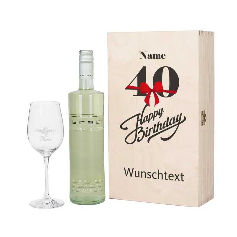 Happy Birthday - Weingeschenkset zum 40. Geburtstag mit graviertem Weinglas und Flasche