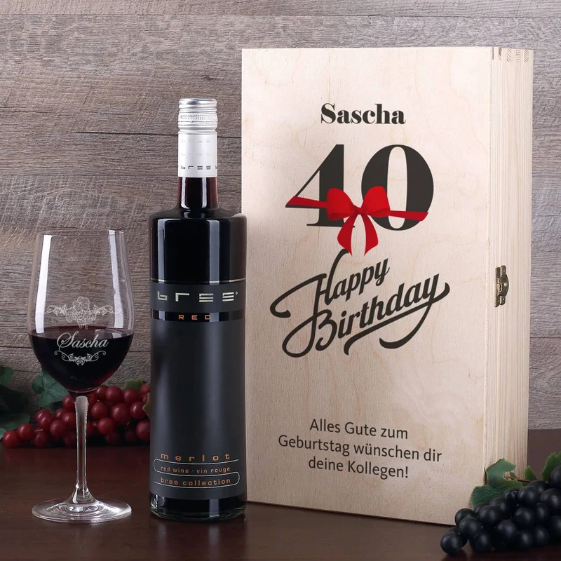 Happy Birthday - Weingeschenkset zum 40. Geburtstag mit graviertem Weinglas und Flasche