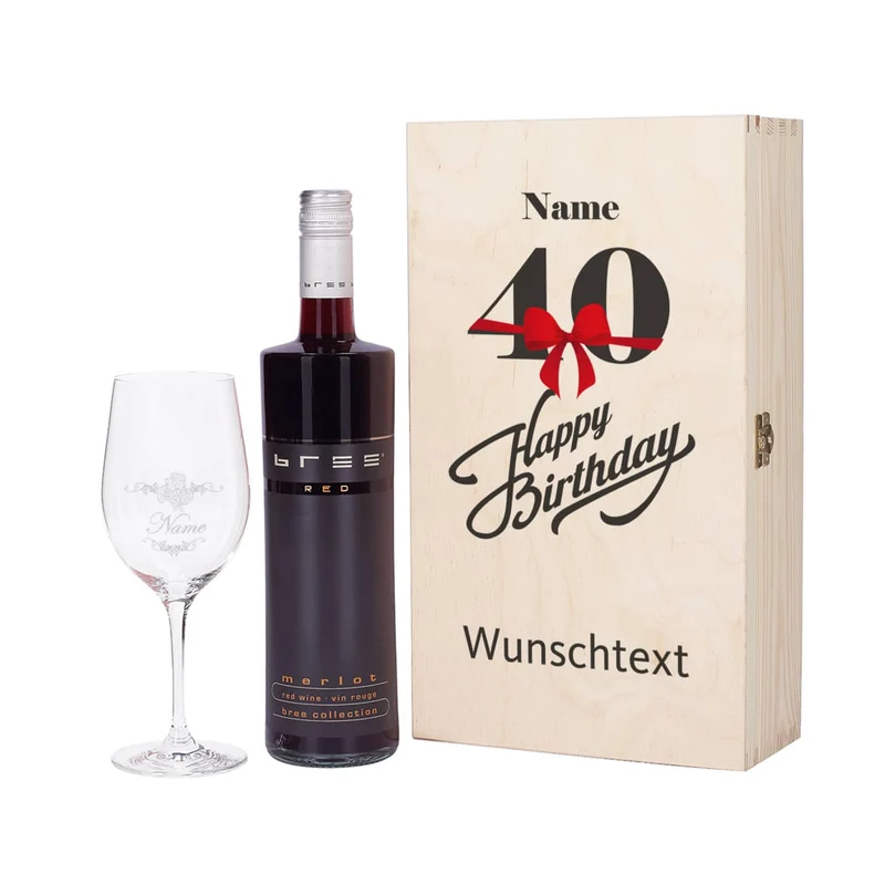 Happy Birthday - Weingeschenkset zum 40. Geburtstag mit graviertem Weinglas und Flasche