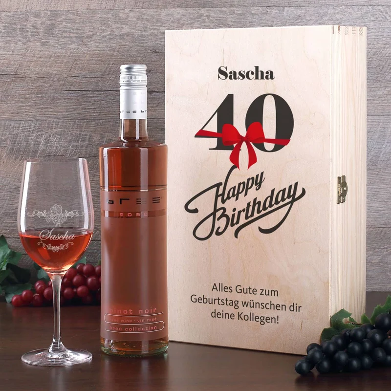 Happy Birthday - Weingeschenkset zum 40. Geburtstag mit graviertem Weinglas und Flasche