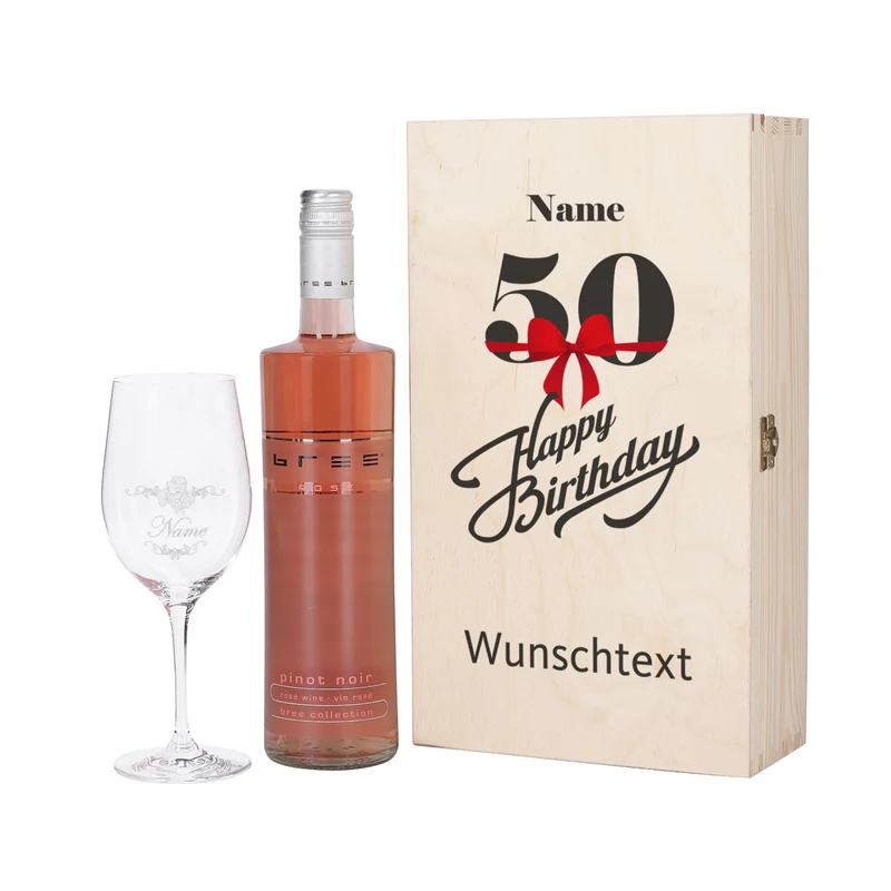 Geschenkset zum 50. Geburtstag mit graviertem Weinglas und Weinflasche in persönlicher Holzbox