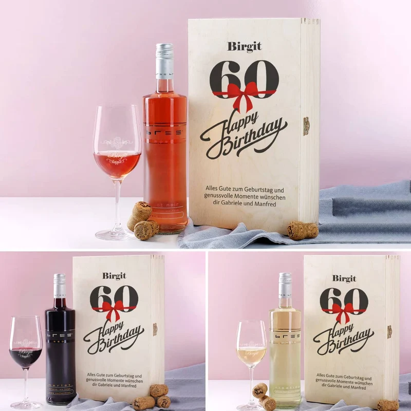 Geschenkset zum 60. Geburtstag mit graviertem Weinglas und Flasche in bedruckter Holzbox