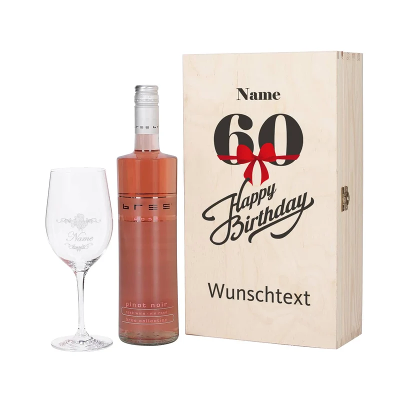 Geschenkset zum 60. Geburtstag mit graviertem Weinglas und Flasche in bedruckter Holzbox