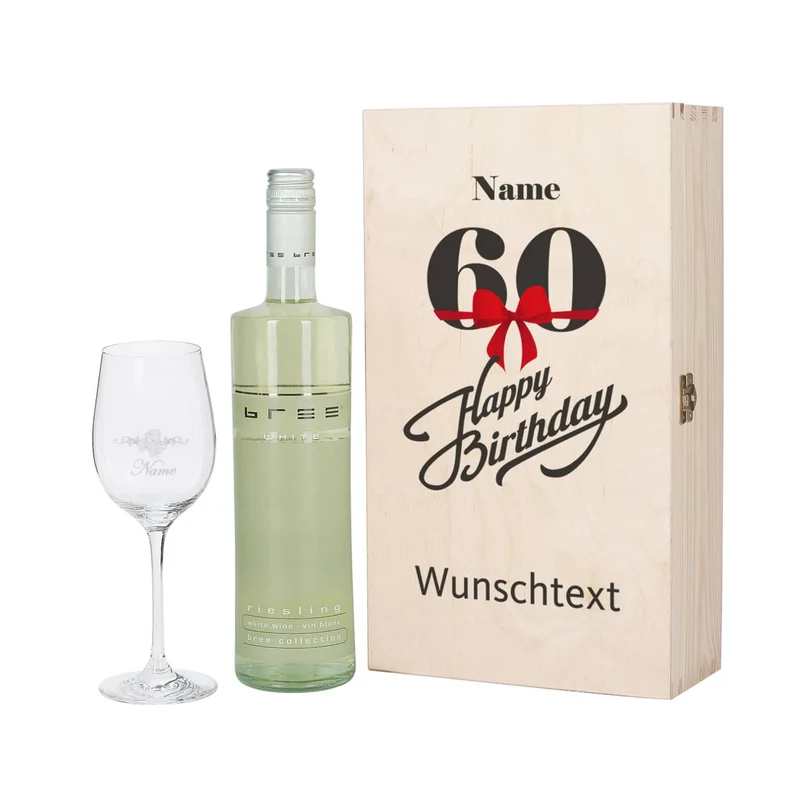 Geschenkset zum 60. Geburtstag mit graviertem Weinglas und Flasche in bedruckter Holzbox