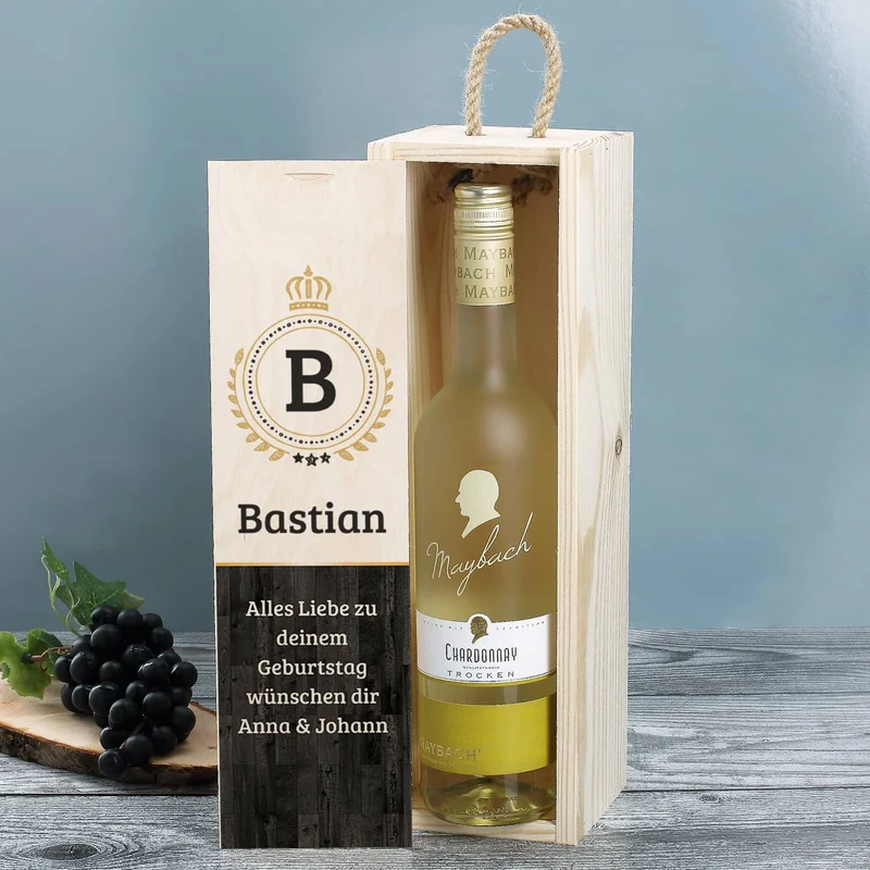 Persönliches Wein-Geschenkset mit bedruckter Holzbox