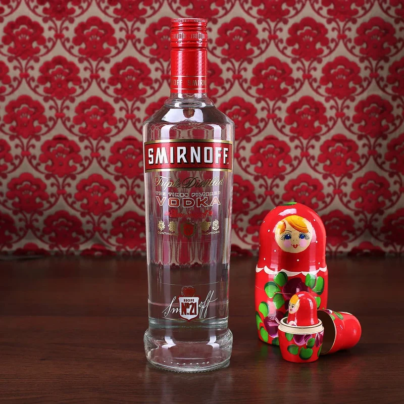 Geschenk-Set mit Smirnoff Vodka und 4 Vodkagläser in bedruckter Holzkiste