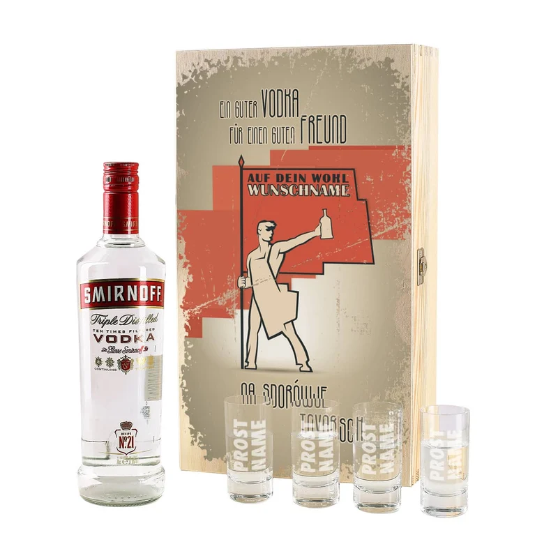 Geschenk-Set mit Smirnoff Vodka und 4 Vodkagläser in bedruckter Holzkiste