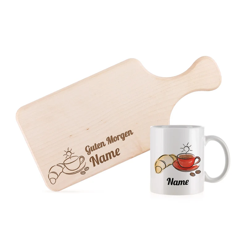 Frühstücksset mit Tasse und Brettchen um den Tag zu verschönern