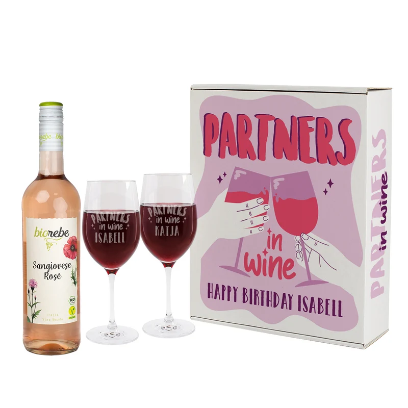 Partners in Wine - Wein Geschenk Set mit zwei Weingläsern und veganem Biorebe Wein