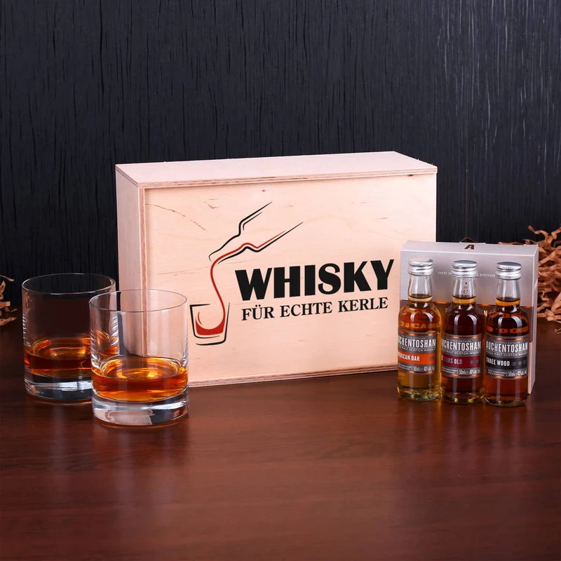 Auchentoshan Whisky für echte Kerle in bedruckter Holzkiste mit 2 Whiskygläser