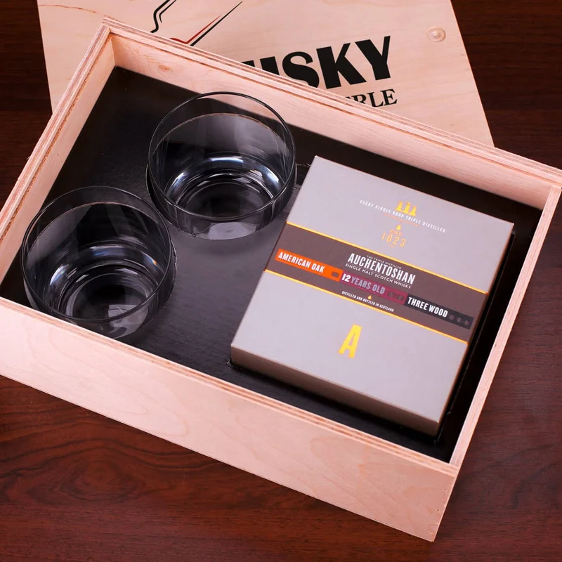 Auchentoshan Whisky für echte Kerle in bedruckter Holzkiste mit 2 Whiskygläser