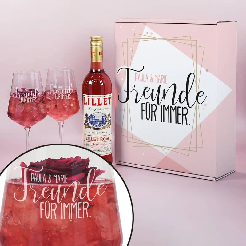 Geschenkset "Freunde für immer" mit zwei Weingläsern, Lillet und persönlicher Box