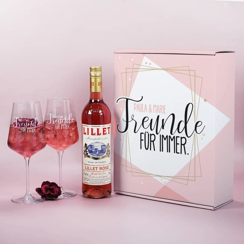 Geschenkset "Freunde für immer" mit zwei Weingläsern, Lillet und persönlicher Box