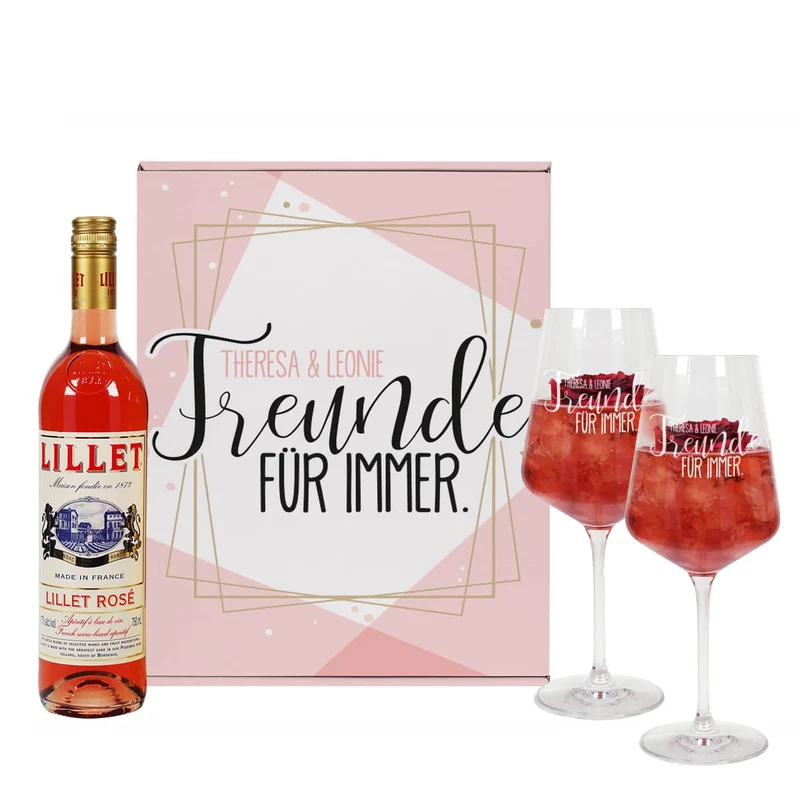 Geschenkset "Freunde für immer" mit zwei Weingläsern, Lillet und persönlicher Box