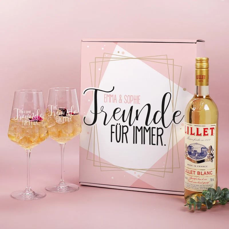 Geschenkset "Freunde für immer" mit zwei Weingläsern, Lillet und persönlicher Box