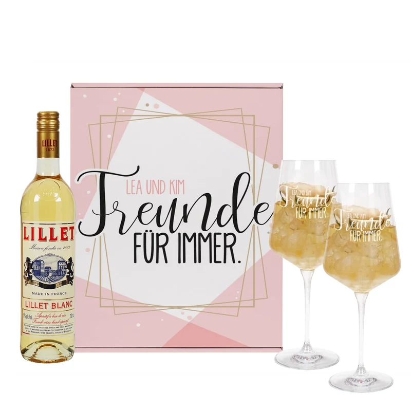 Geschenkset "Freunde für immer" mit zwei Weingläsern, Lillet und persönlicher Box