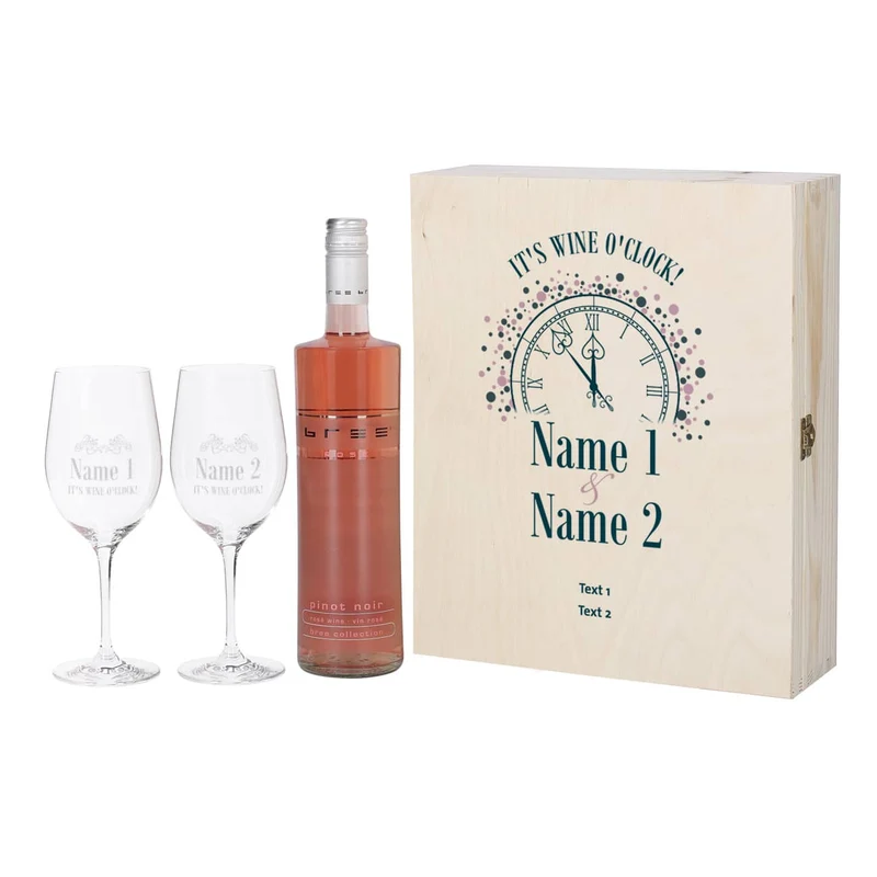 IT'S WINE O'CLOCK! Geschenkset - Weingläser und Flasche in persönlicher Holzbox