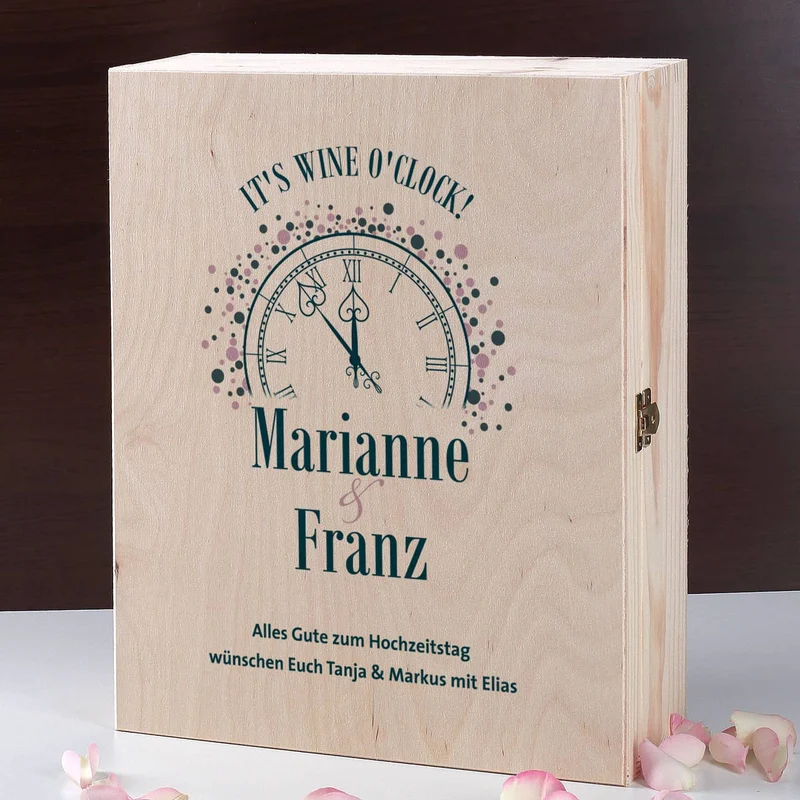 IT'S WINE O'CLOCK! Geschenkset - Weingläser und Flasche in persönlicher Holzbox