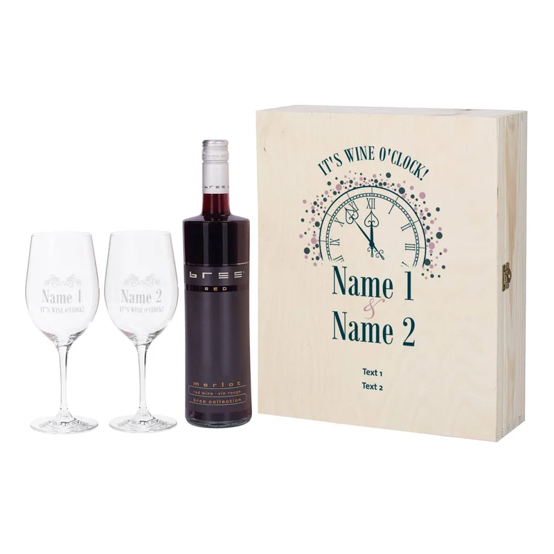 IT'S WINE O'CLOCK! Geschenkset - Weingläser und Flasche in persönlicher Holzbox
