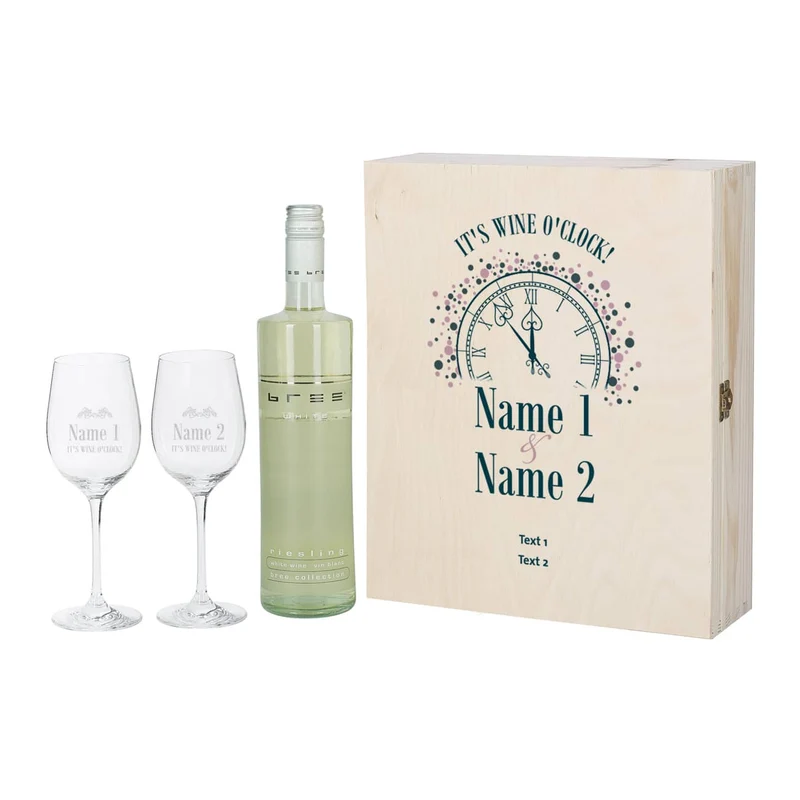 IT'S WINE O'CLOCK! Geschenkset - Weingläser und Flasche in persönlicher Holzbox