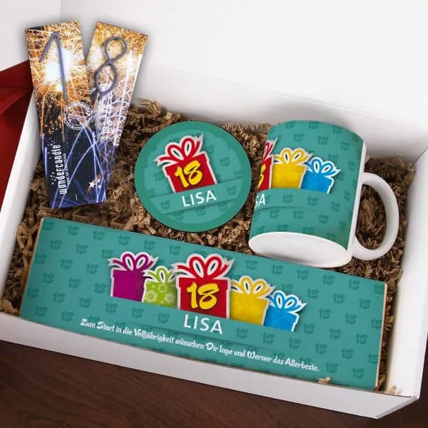 Gefüllte Geschenkbox zum 18. Geburtstag
