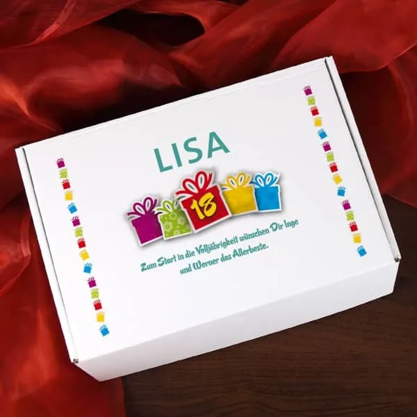 Gefüllte Geschenkbox zum 18. Geburtstag