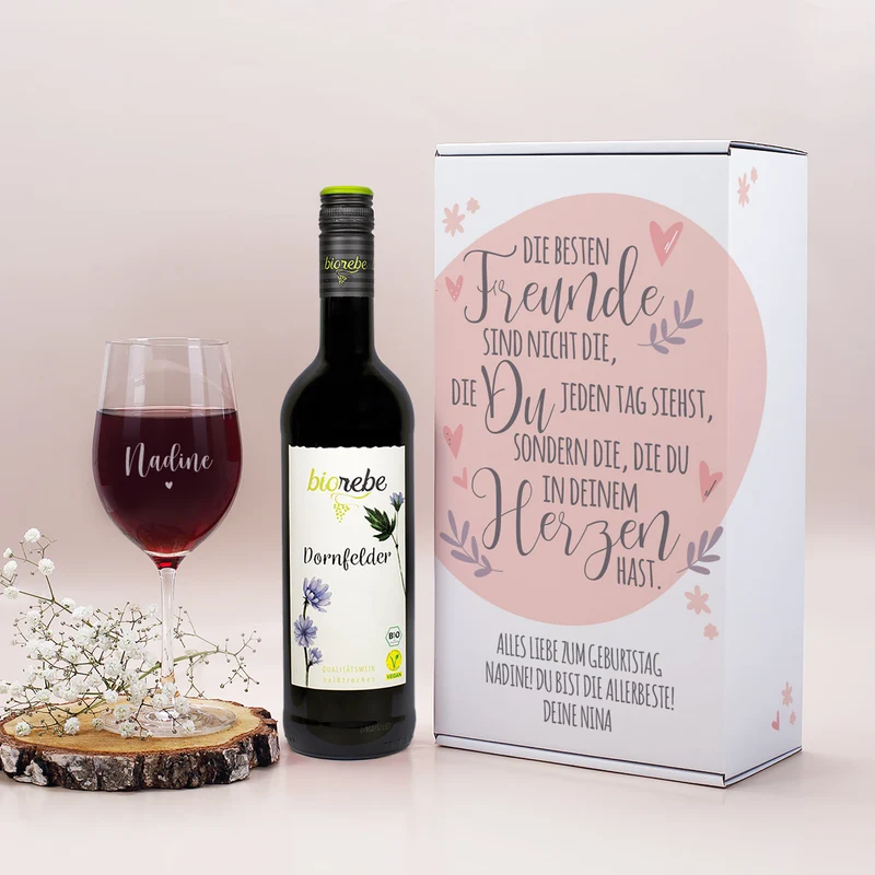Wein Geschenkset für die beste Freundin mit Weinglas und Pappbox | 3 Sorten Biorebe