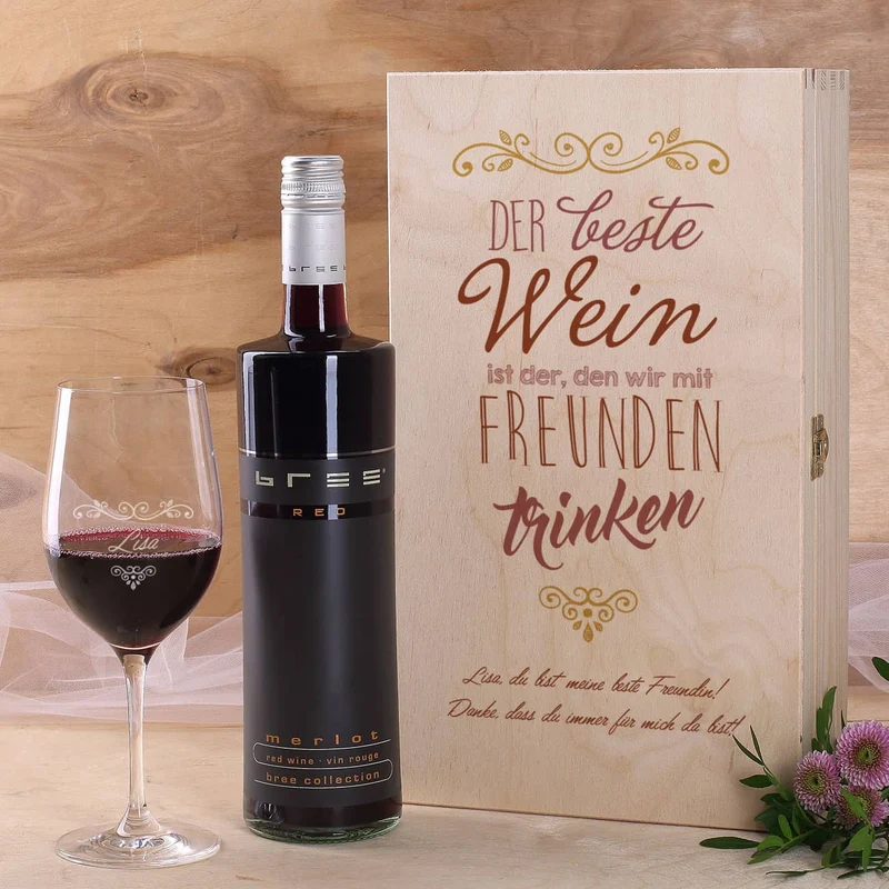Weinset für die Liebsten mit Bree Weinflasche und Weinglas