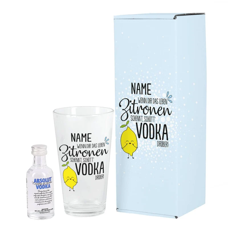 Vodka-Geschenkset mit Trinkglas und Absolut Vodka in Geschenkverpackung