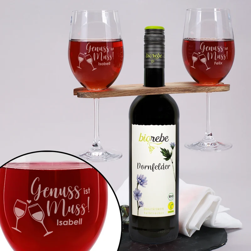 Biorebe Wein mit zwei Rotweingläsern und Weinbutler im Set | Geschenk für Paare