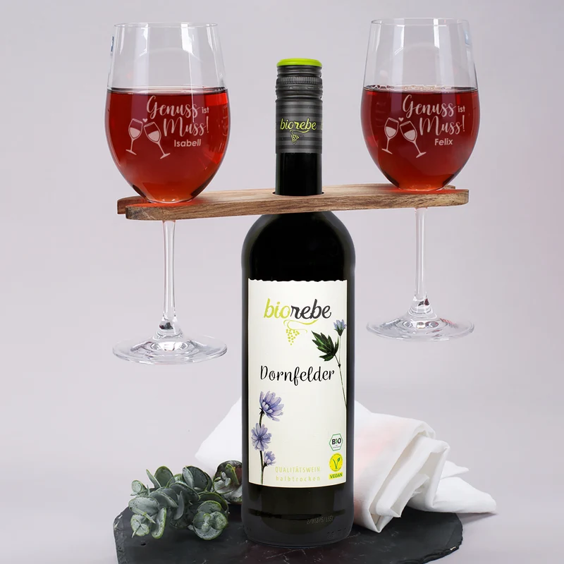Biorebe Wein mit zwei Rotweingläsern und Weinbutler im Set | Geschenk für Paare