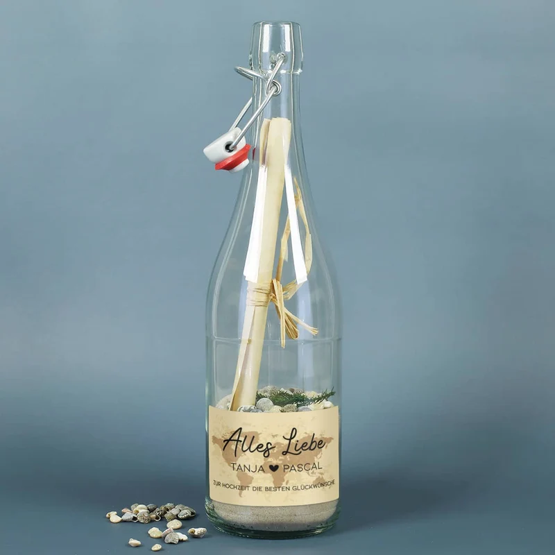 Flaschenpost mit Füllung "Alles Liebe" mit Vintage-Weltkarte als Geldgeschenk zur Hochzeit