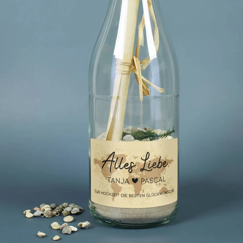Flaschenpost mit Füllung "Alles Liebe" mit Vintage-Weltkarte als Geldgeschenk zur Hochzeit